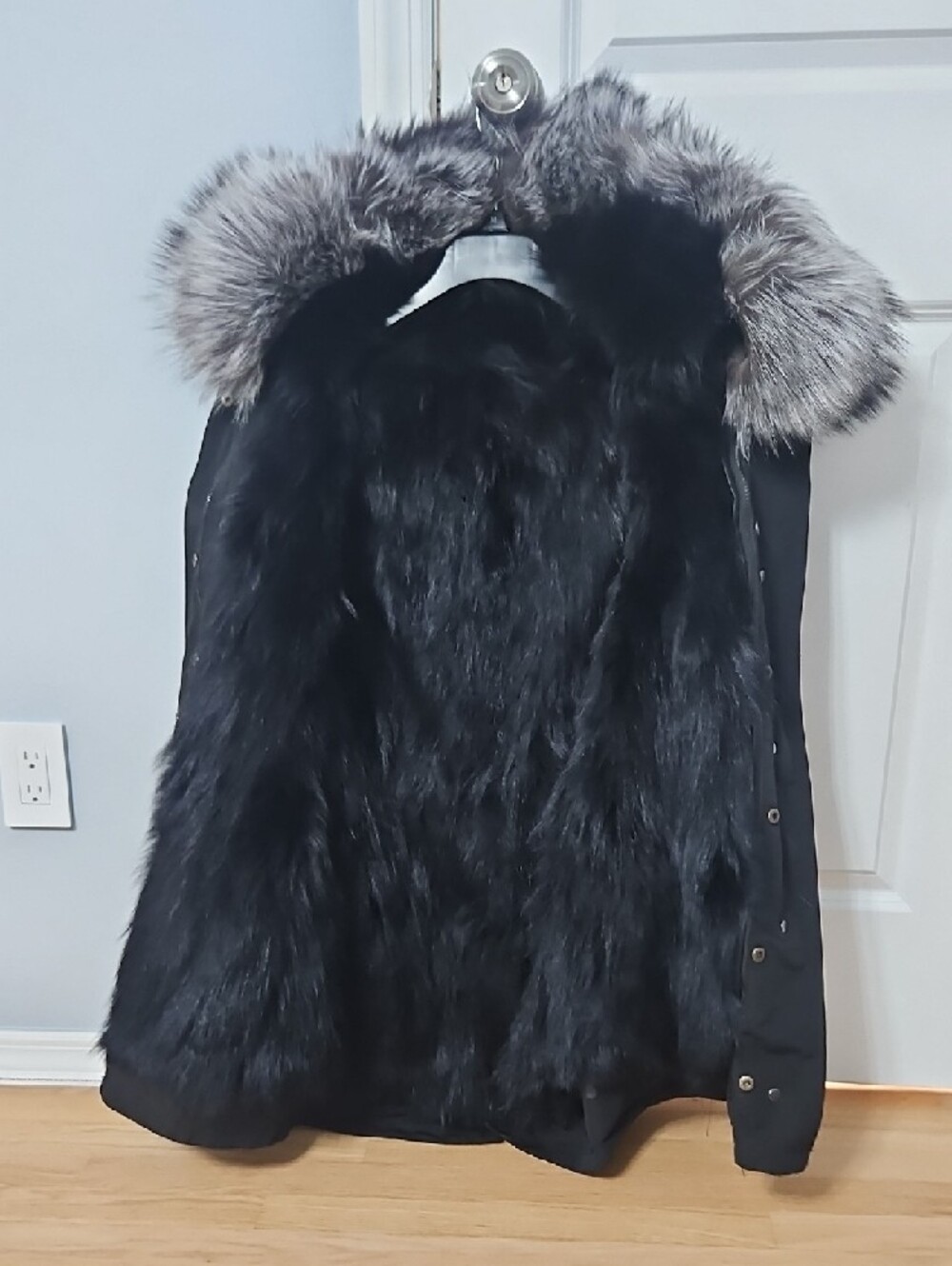 Black Parka with Silver Fur Trim - Women’s Winter Coat - Picture 2 of 4